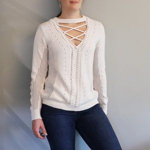 Minnie Rose White V-neck Cable-knit Sweater